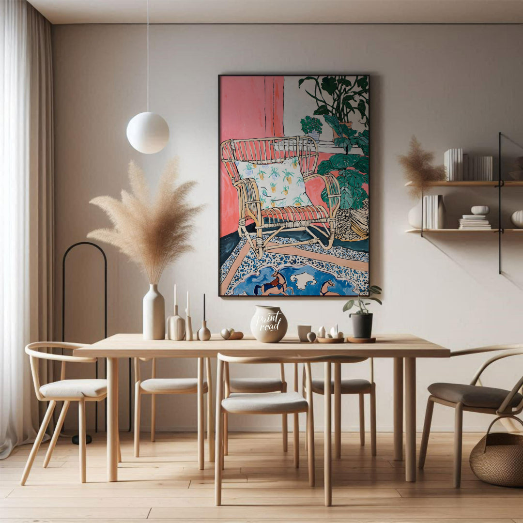 This painting captures a cozy interior scene with a rattan chair as the focal point. The chair, ado… for dining room