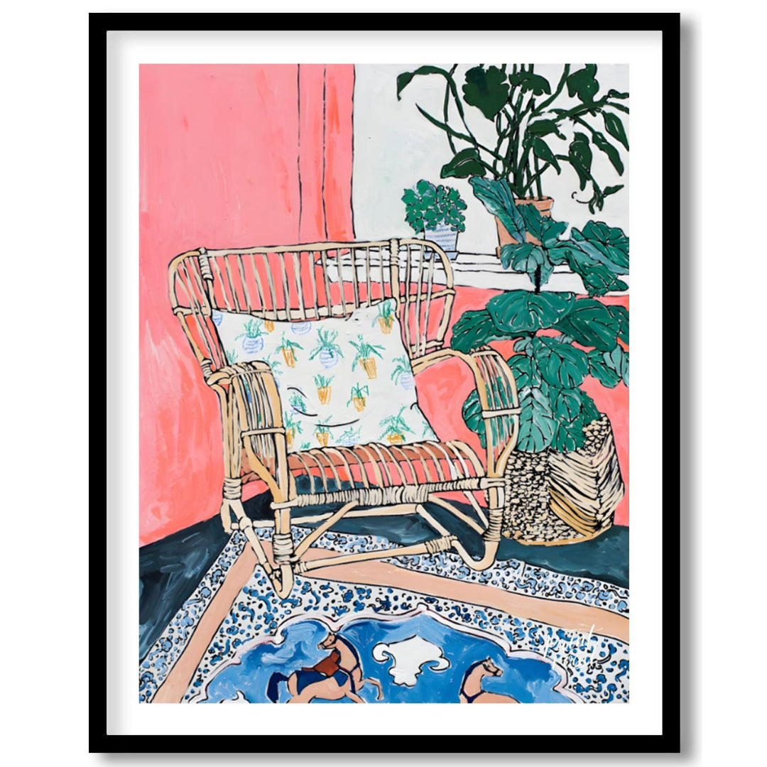 This painting captures a cozy interior scene with a rattan chair as the focal point. The chair, ado… for home