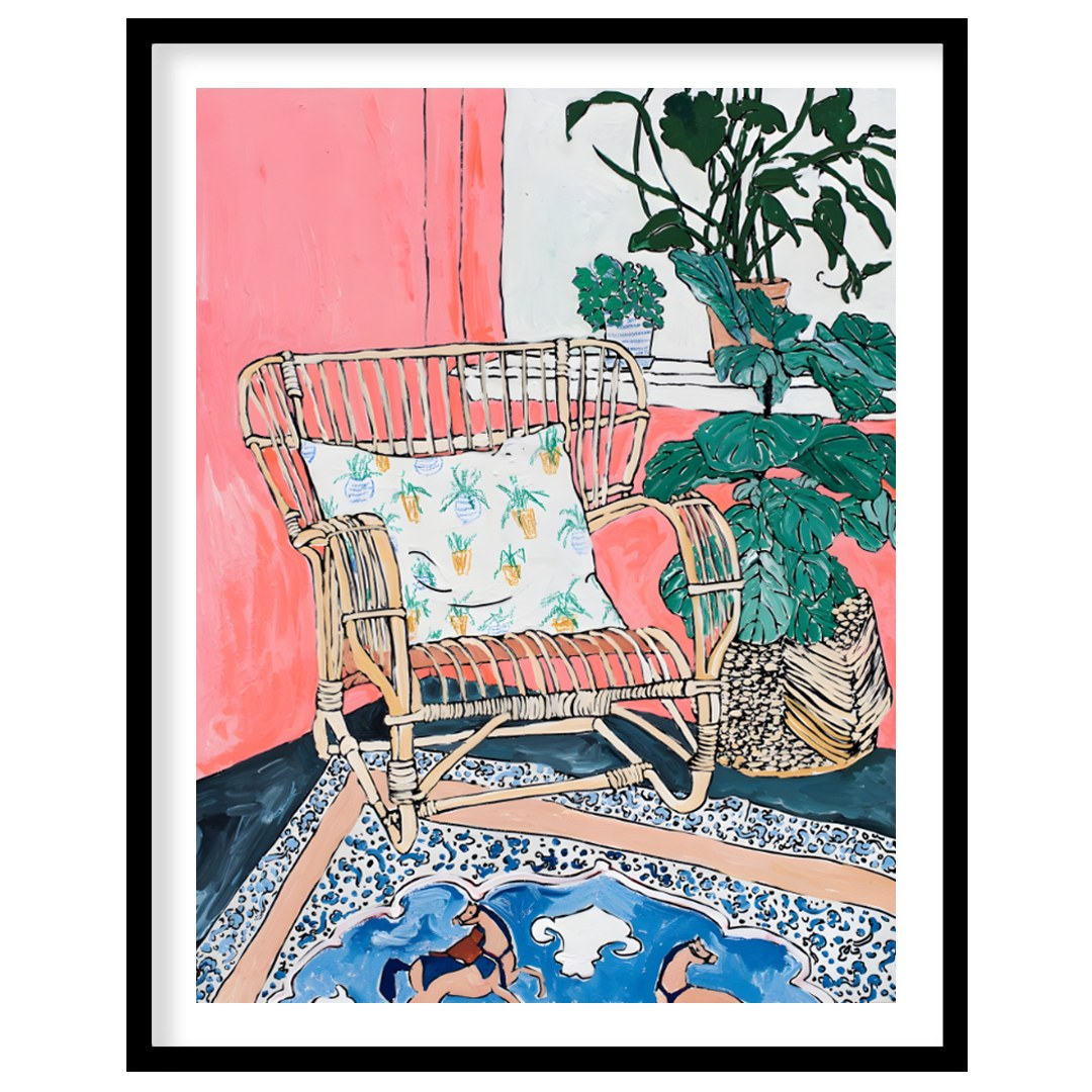 This painting captures a cozy interior scene with a rattan chair as the focal point. The chair, ado… for home