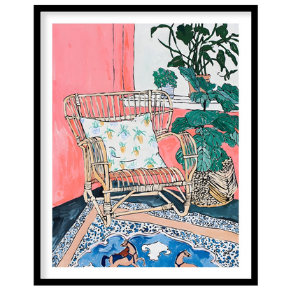 This painting captures a cozy interior scene with a rattan chair as the focal point. The chair, ado… for home