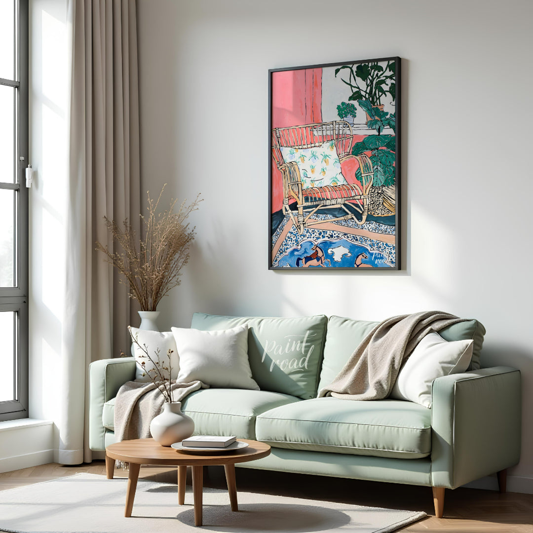 This painting captures a cozy interior scene with a rattan chair as the focal point. The chair, ado… for living room