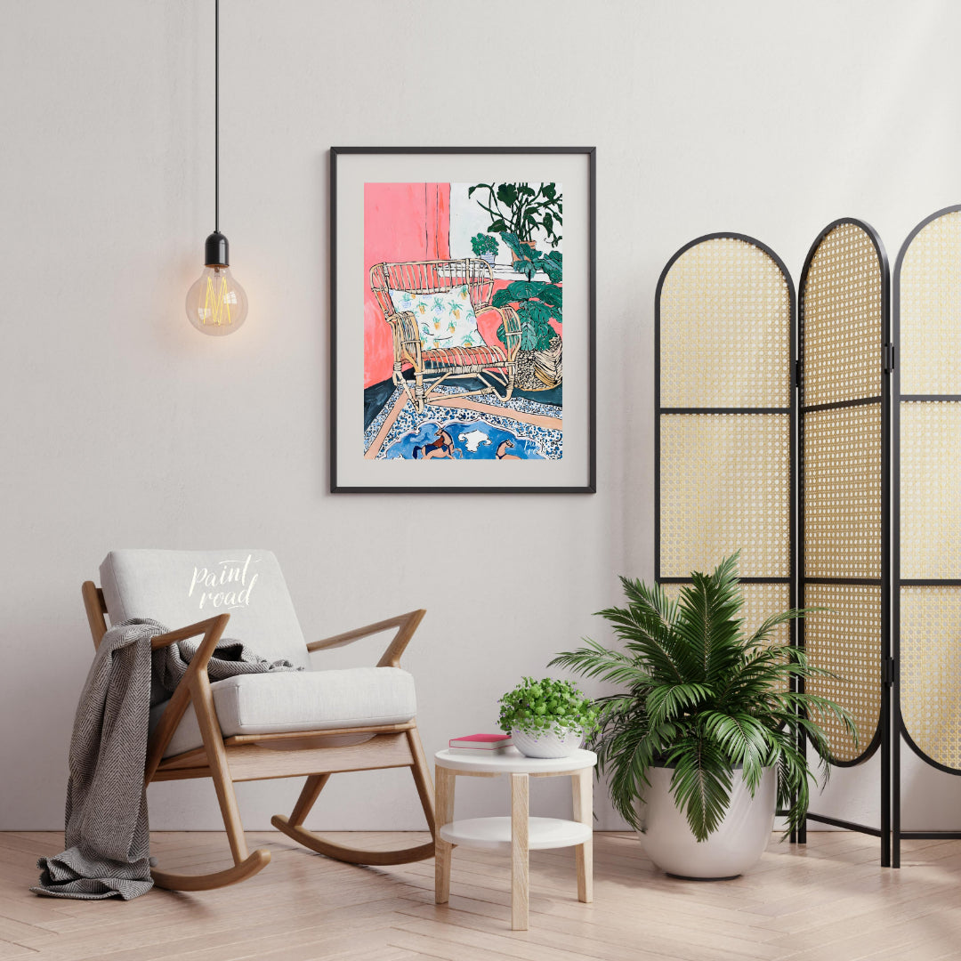 This painting captures a cozy interior scene with a rattan chair as the focal point. The chair, ado… for living room