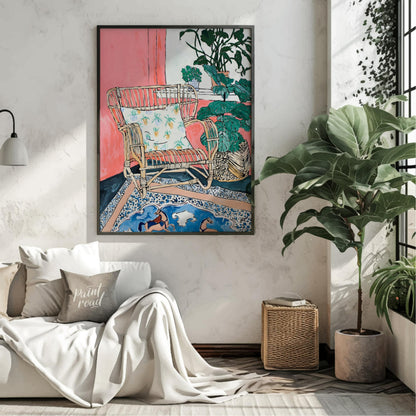 This painting captures a cozy interior scene with a rattan chair as the focal point. The chair, ado… for living room