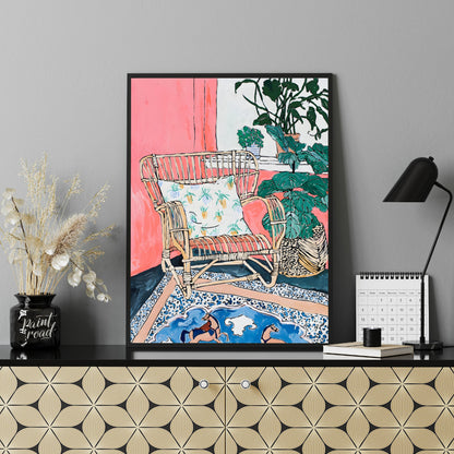 This painting captures a cozy interior scene with a rattan chair as the focal point. The chair, ado… for office
