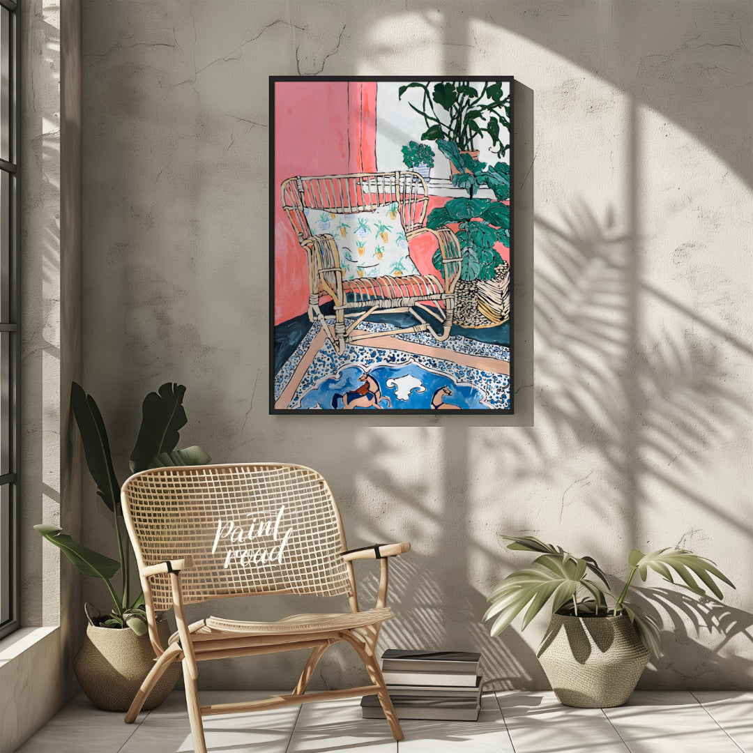 This painting captures a cozy interior scene with a rattan chair as the focal point. The chair, ado… for outdoor