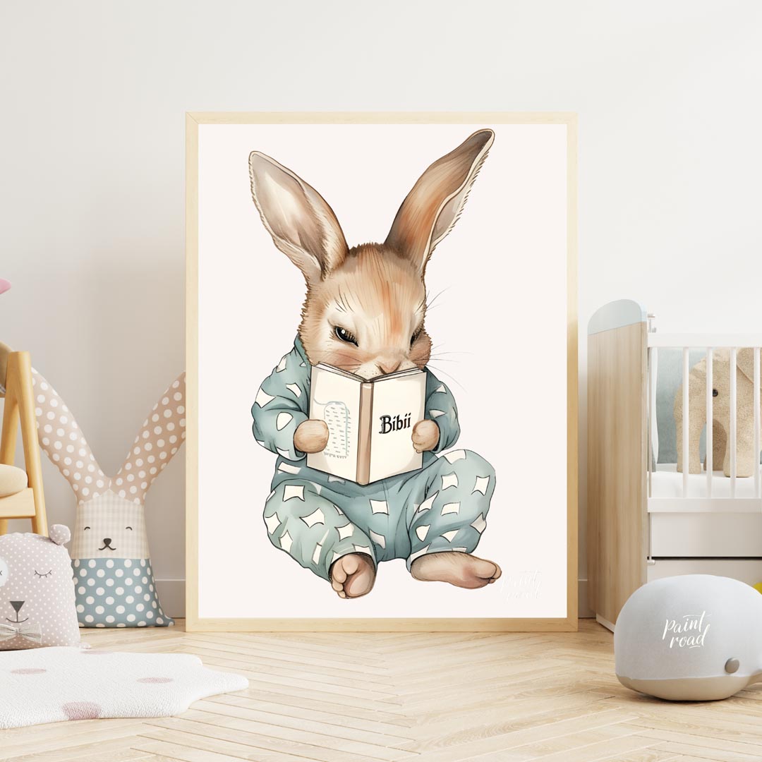 This endearing illustration captures a sweet, slightly mischievous-looking rabbit dressed in light … for nursery