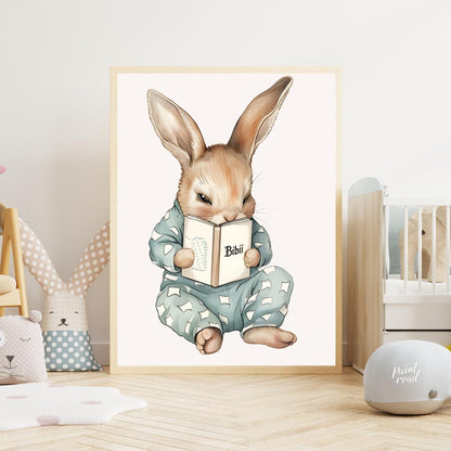 This endearing illustration captures a sweet, slightly mischievous-looking rabbit dressed in light … for nursery