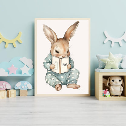 This endearing illustration captures a sweet, slightly mischievous-looking rabbit dressed in light … for nursery