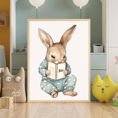 This endearing illustration captures a sweet, slightly mischievous-looking rabbit dressed in light … for nursery