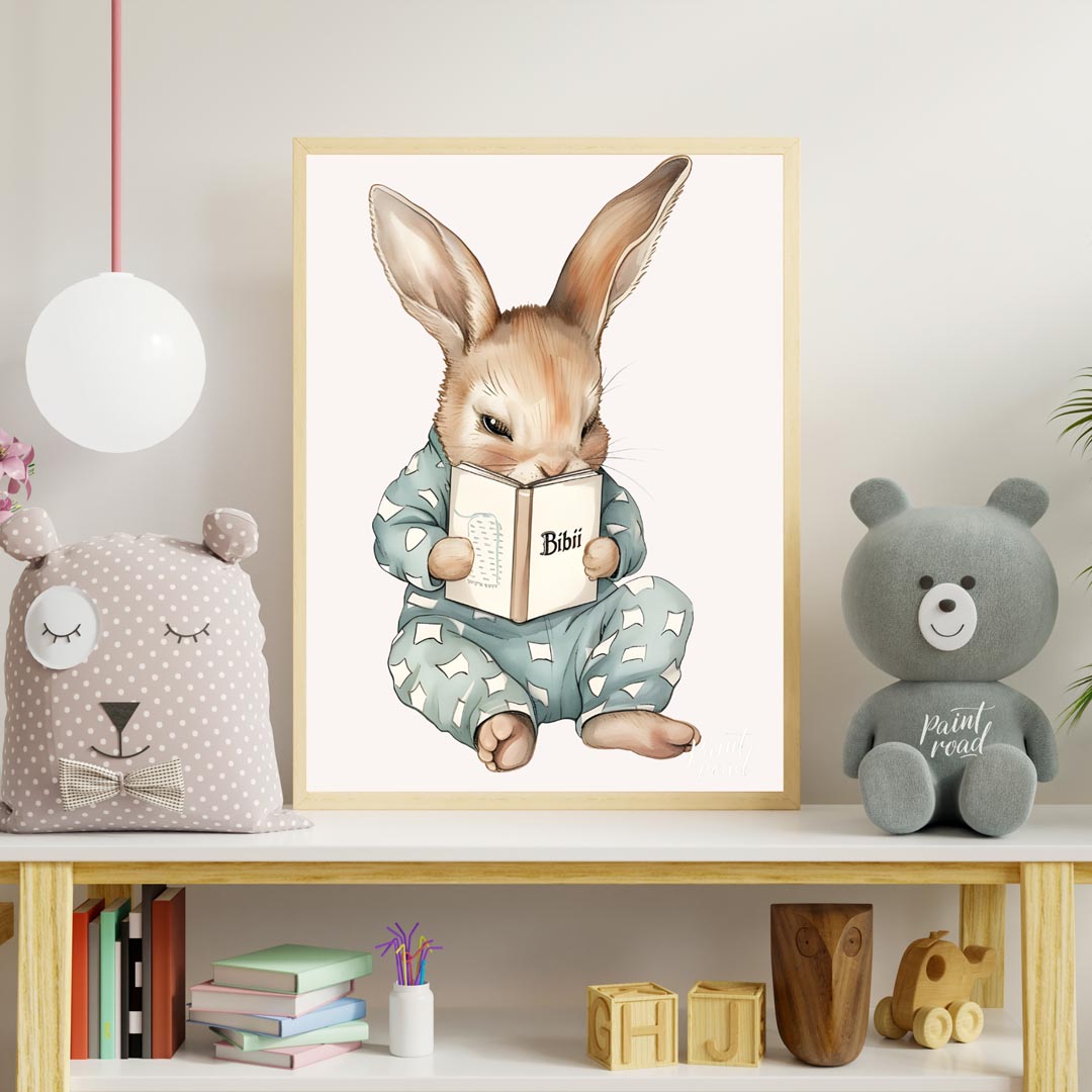 This endearing illustration captures a sweet, slightly mischievous-looking rabbit dressed in light … for nursery