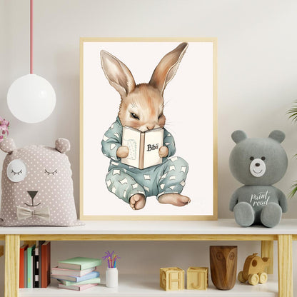 This endearing illustration captures a sweet, slightly mischievous-looking rabbit dressed in light … for nursery
