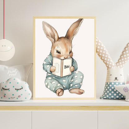 This endearing illustration captures a sweet, slightly mischievous-looking rabbit dressed in light … for nursery