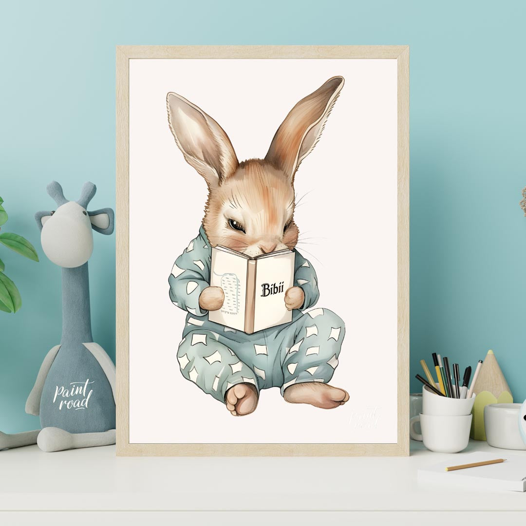 This endearing illustration captures a sweet, slightly mischievous-looking rabbit dressed in light … for nursery