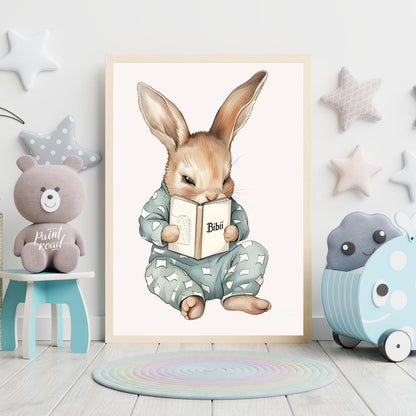 This endearing illustration captures a sweet, slightly mischievous-looking rabbit dressed in light … for nursery
