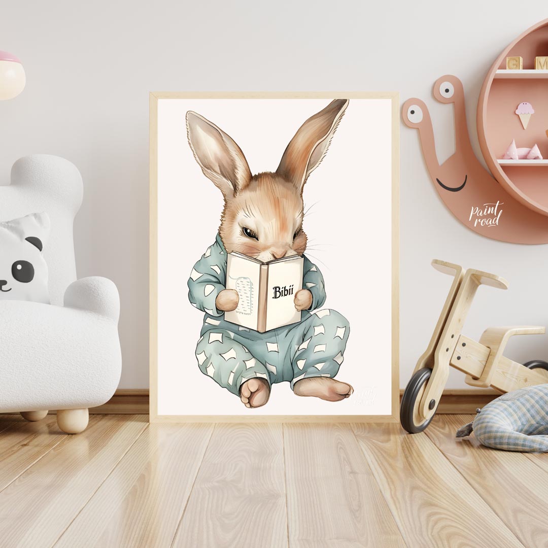 This endearing illustration captures a sweet, slightly mischievous-looking rabbit dressed in light … for nursery
