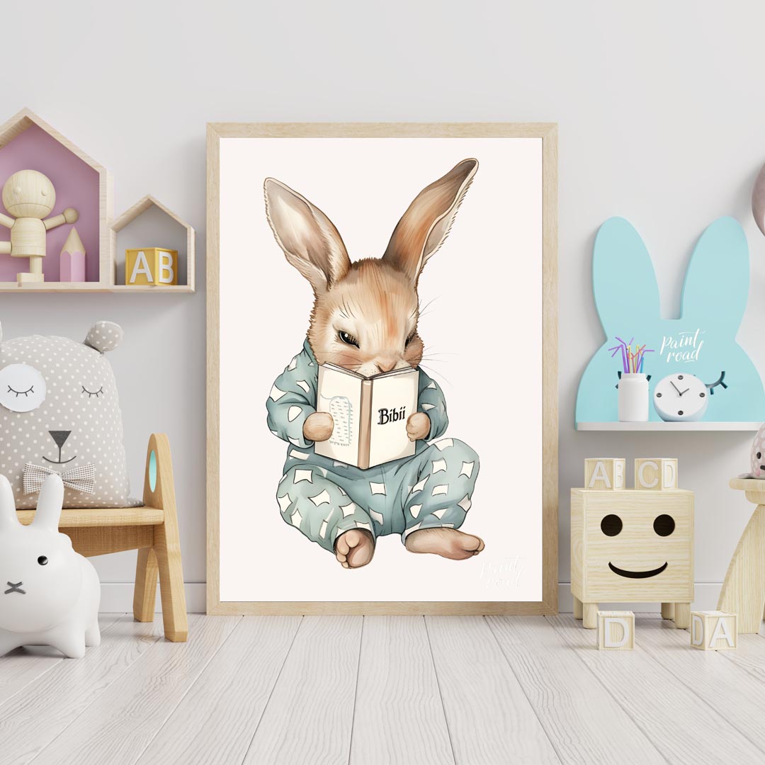 This endearing illustration captures a sweet, slightly mischievous-looking rabbit dressed in light … for nursery