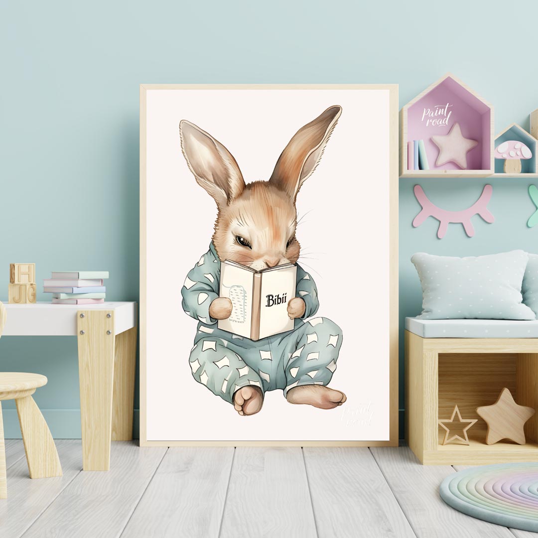 This endearing illustration captures a sweet, slightly mischievous-looking rabbit dressed in light … for nursery