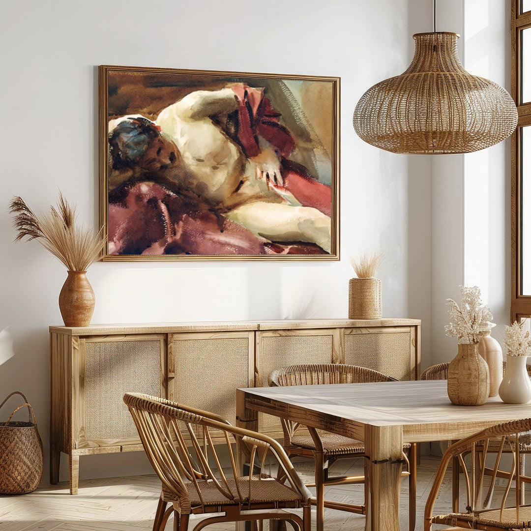 This captivating watercolor painting captures the essence of relaxation with a reclined figure for Dining