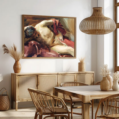This captivating watercolor painting captures the essence of relaxation with a reclined figure for Dining