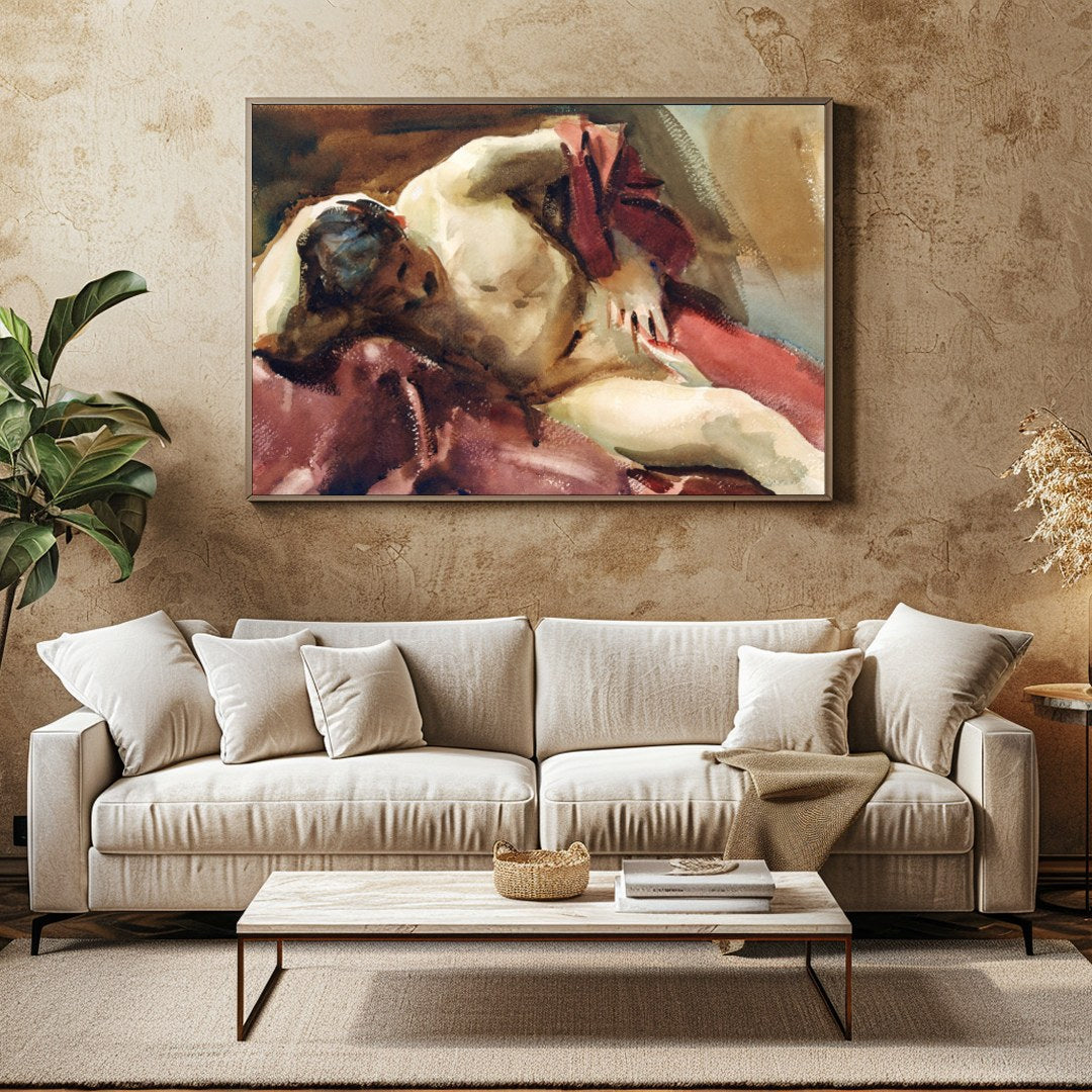 This captivating watercolor painting captures the essence of relaxation with a reclined figure for Family Room