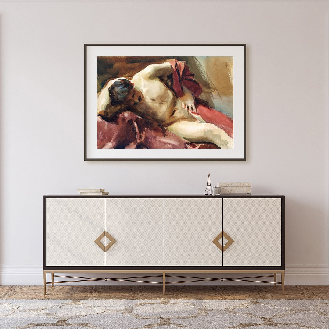 This captivating watercolor painting captures the essence of relaxation with a reclined figure for Foyer