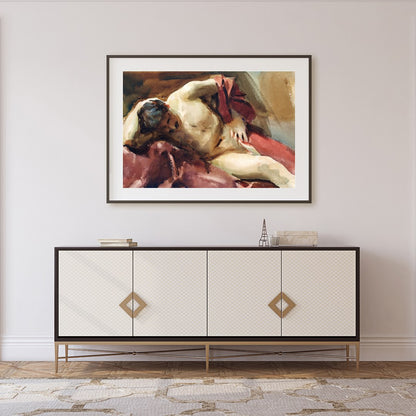 This captivating watercolor painting captures the essence of relaxation with a reclined figure for Foyer