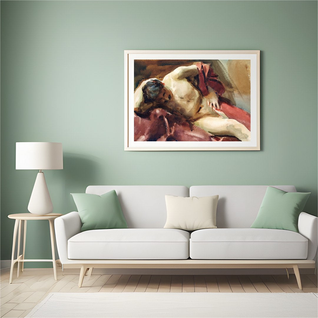This captivating watercolor painting captures the essence of relaxation with a reclined figure for Hall