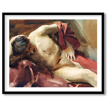 This captivating watercolor painting captures the essence of relaxation with a reclined figure for place
