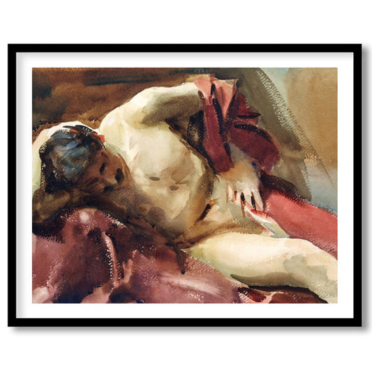 This captivating watercolor painting captures the essence of relaxation with a reclined figure for place