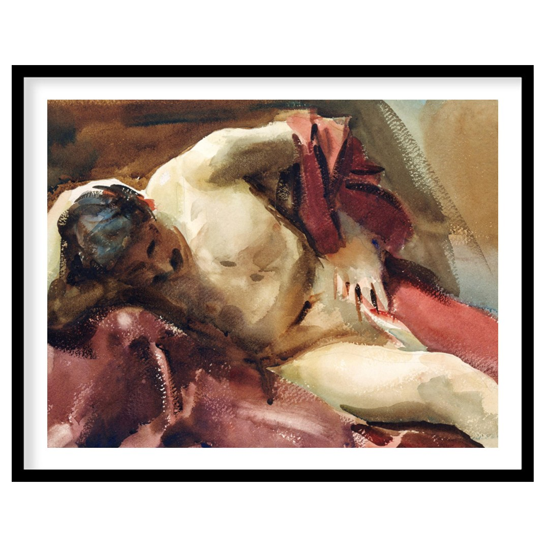 This captivating watercolor painting captures the essence of relaxation with a reclined figure for place