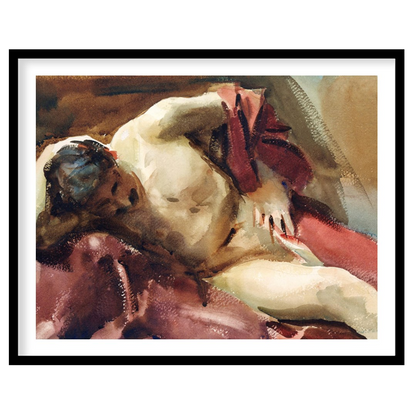 This captivating watercolor painting captures the essence of relaxation with a reclined figure for place