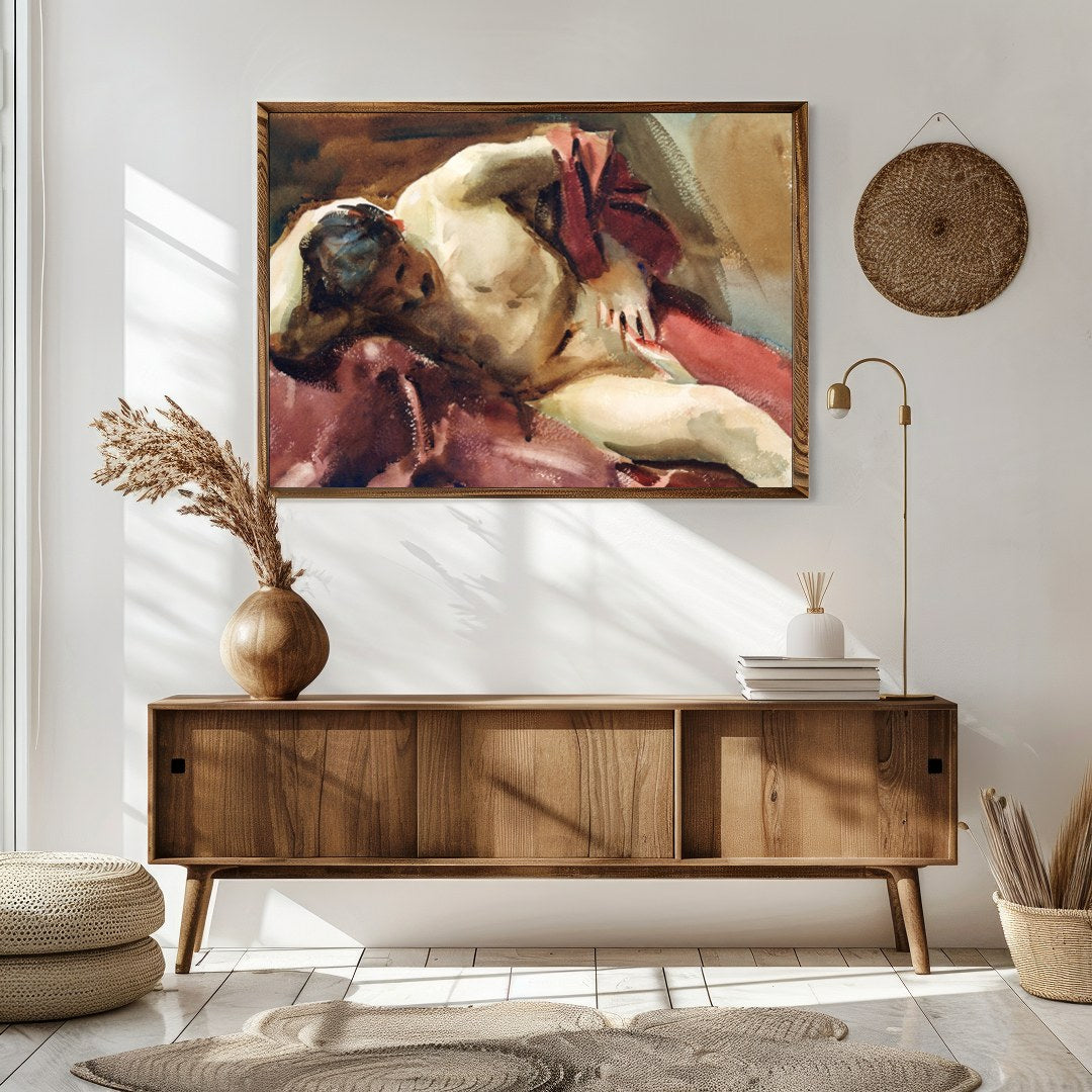 This captivating watercolor painting captures the essence of relaxation with a reclined figure for Sitting Area