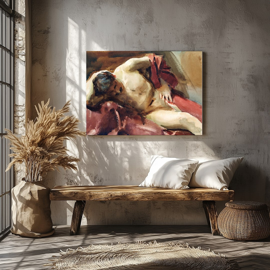 This captivating watercolor painting captures the essence of relaxation with a reclined figure for Veranda