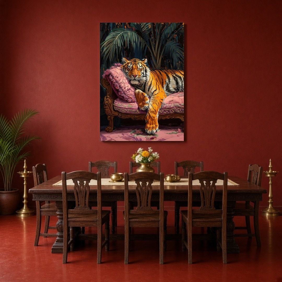Immerse yourself in the regal allure of a majestic tiger lounging gracefully on a sumptuous pink for Dining