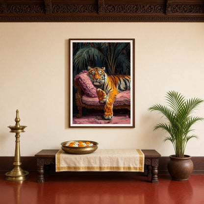 Immerse yourself in the regal allure of a majestic tiger lounging gracefully on a sumptuous pink for Entrance