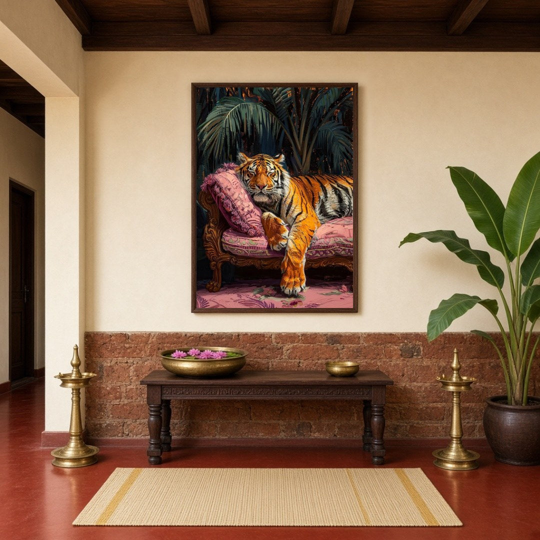 Immerse yourself in the regal allure of a majestic tiger lounging gracefully on a sumptuous pink for Hallway