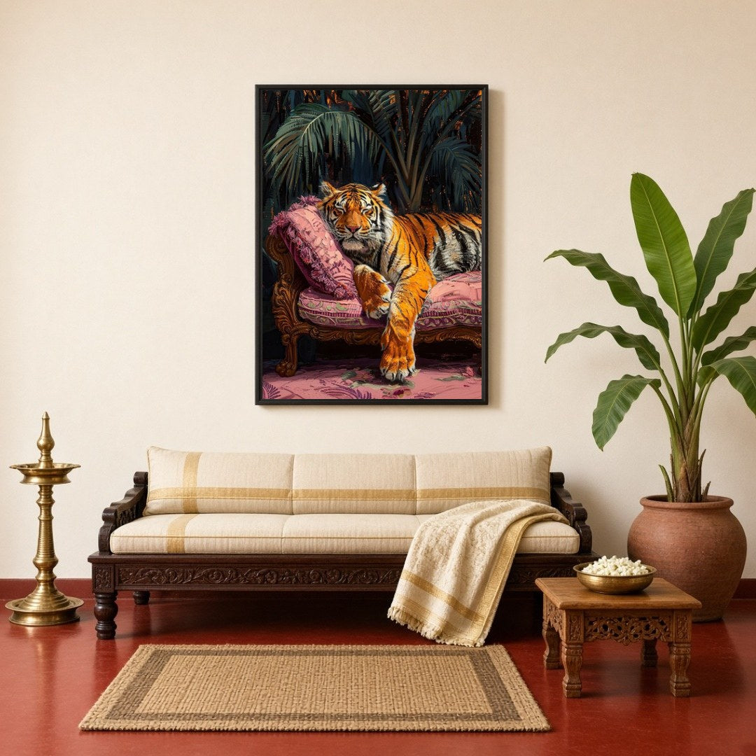 Immerse yourself in the regal allure of a majestic tiger lounging gracefully on a sumptuous pink for Living Room