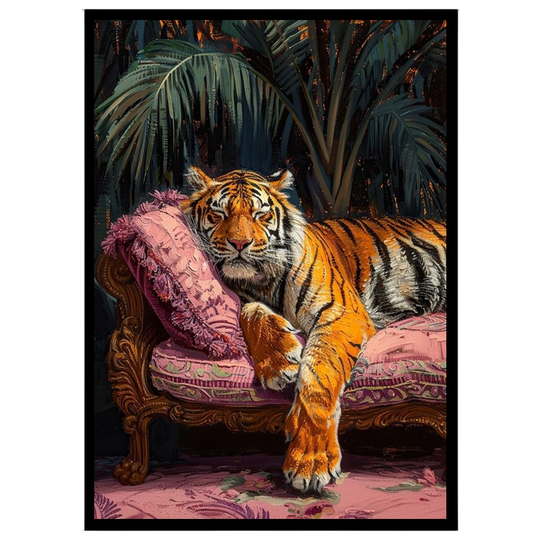 Immerse yourself in the regal allure of a majestic tiger lounging gracefully on a sumptuous pink for nook