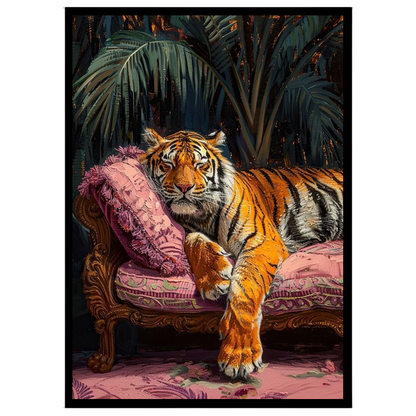 Immerse yourself in the regal allure of a majestic tiger lounging gracefully on a sumptuous pink for nook