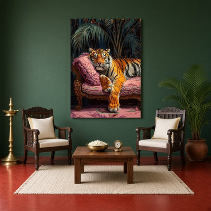 Immerse yourself in the regal allure of a majestic tiger lounging gracefully on a sumptuous pink for Sitting Area