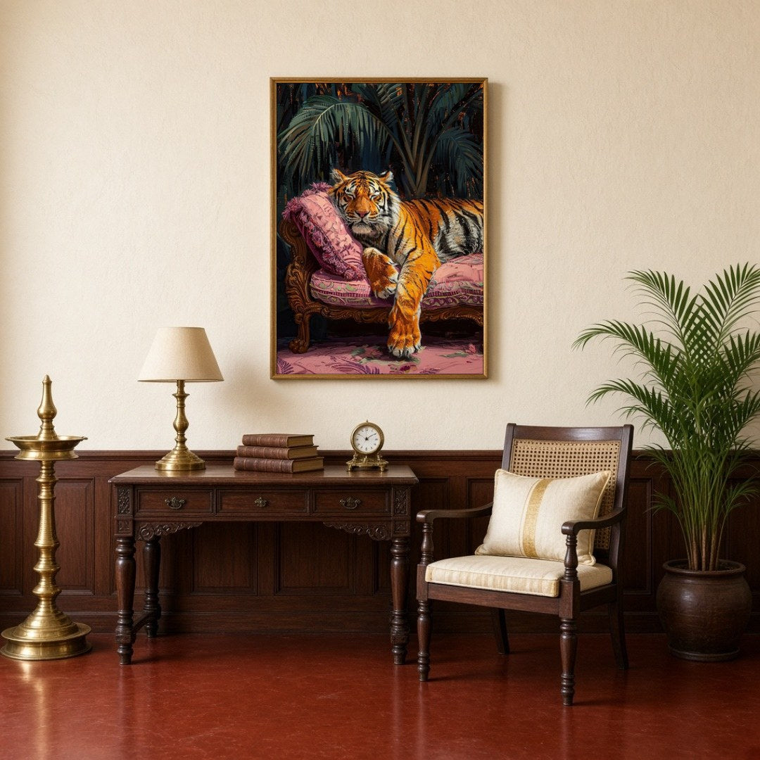 Immerse yourself in the regal allure of a majestic tiger lounging gracefully on a sumptuous pink for Study