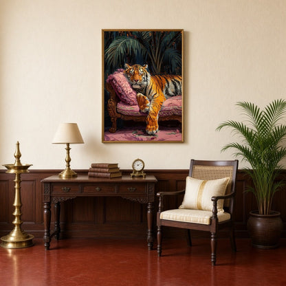 Immerse yourself in the regal allure of a majestic tiger lounging gracefully on a sumptuous pink for Study