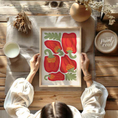This vibrant and bold illustration celebrates the beauty of red bell peppers, presented in various … for dining room