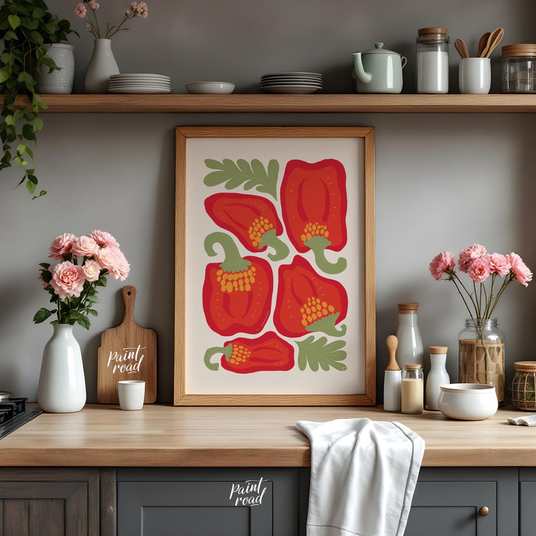 This vibrant and bold illustration celebrates the beauty of red bell peppers, presented in various … for kitchen