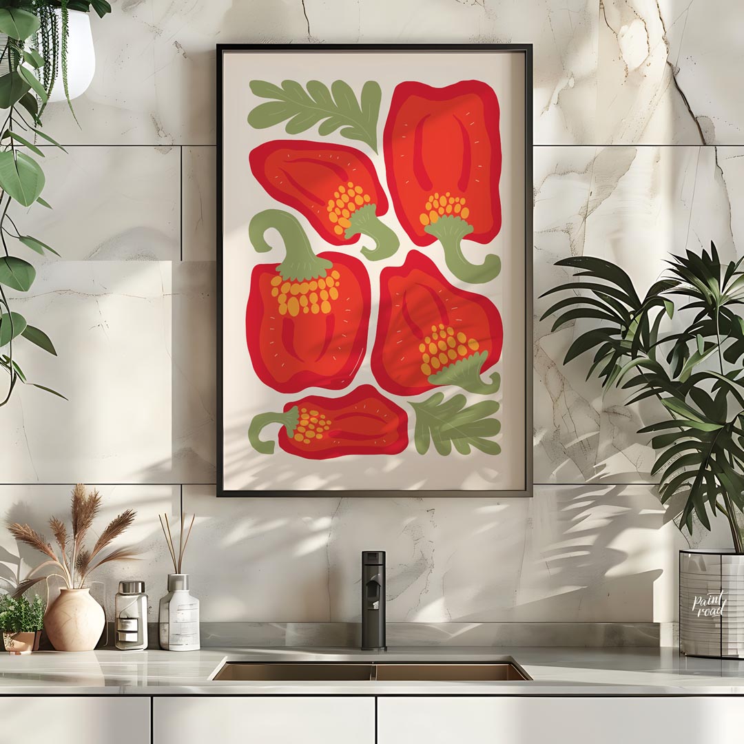 This vibrant and bold illustration celebrates the beauty of red bell peppers, presented in various … for kitchen