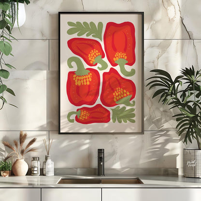 This vibrant and bold illustration celebrates the beauty of red bell peppers, presented in various … for kitchen