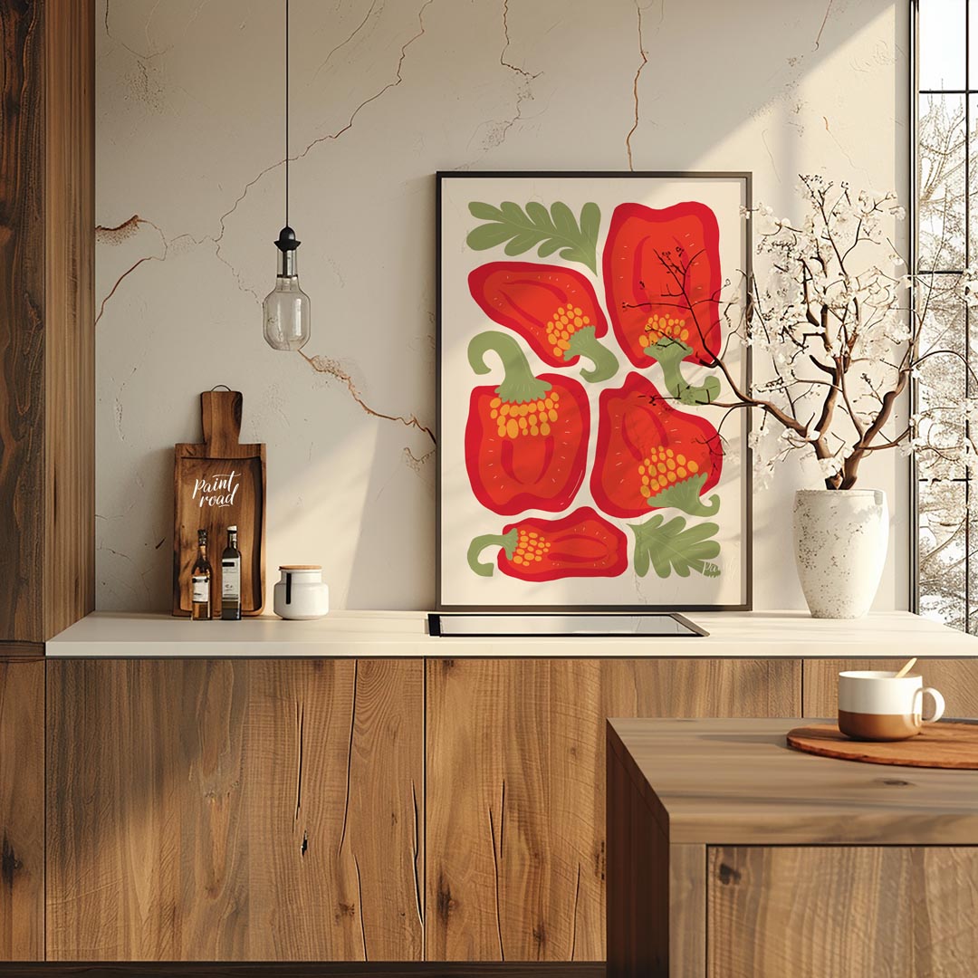 This vibrant and bold illustration celebrates the beauty of red bell peppers, presented in various … for kitchen