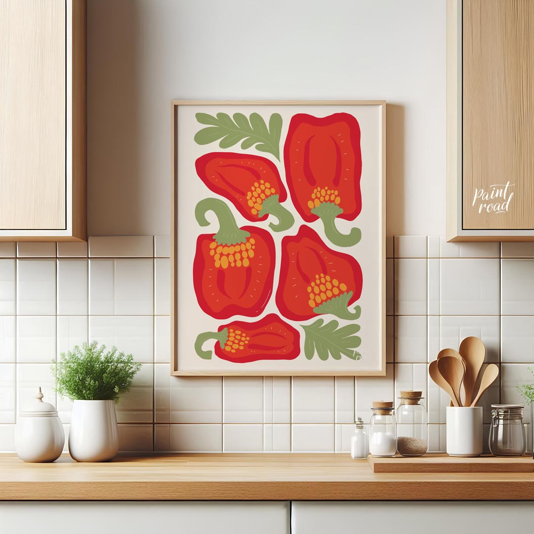 This vibrant and bold illustration celebrates the beauty of red bell peppers, presented in various … for kitchen