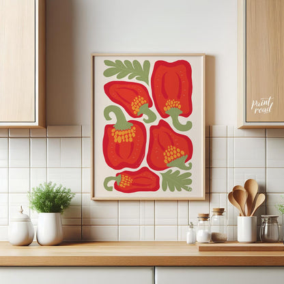 This vibrant and bold illustration celebrates the beauty of red bell peppers, presented in various … for kitchen
