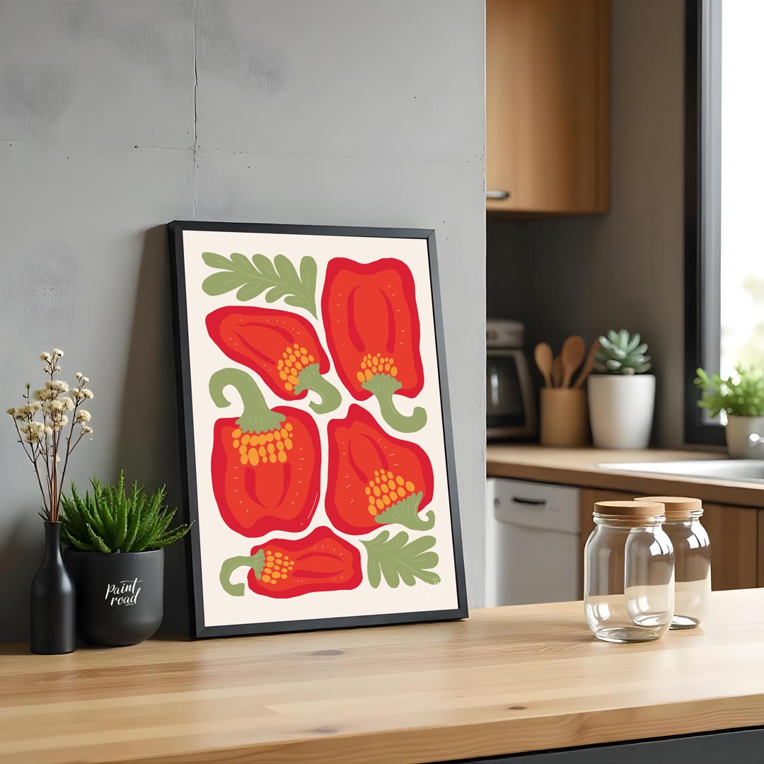 This vibrant and bold illustration celebrates the beauty of red bell peppers, presented in various … for kitchen